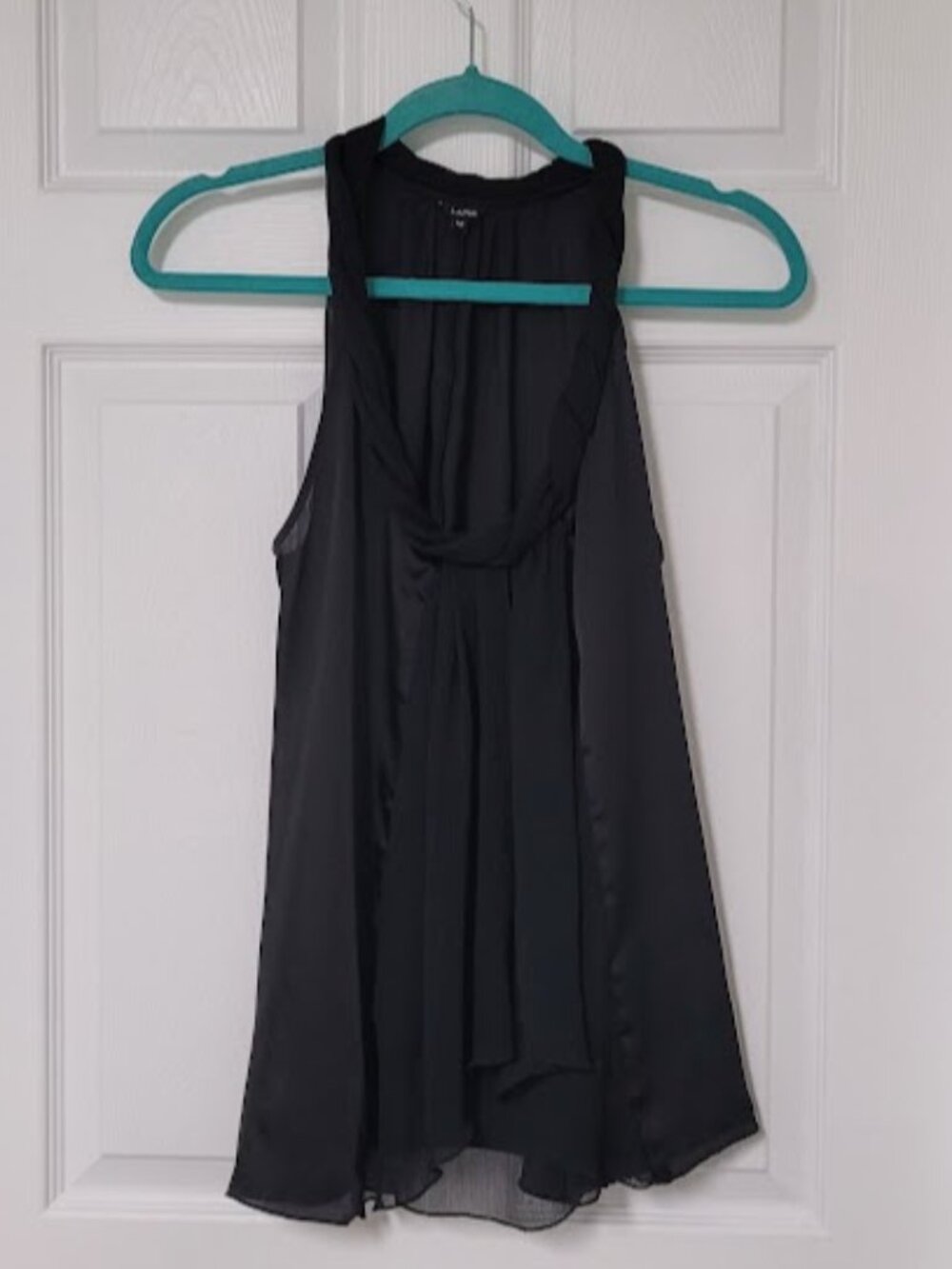 Lapis Black Satin w/Sheer Sleeveless Draped Blouse–Size Medium–Flowy Layered Top